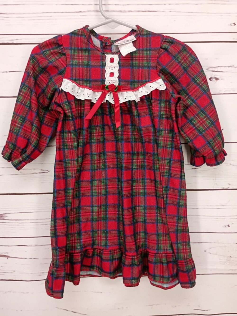 Vintage Laura Dare Toddler Girls Red Plaid Long Sleeve Dress With Lace & Bow Acc